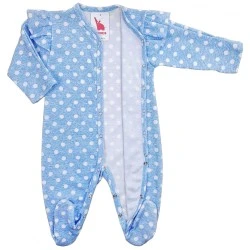 Blue Cotton Footed Sleepsuit with Flutter Sleeves for Baby Girls