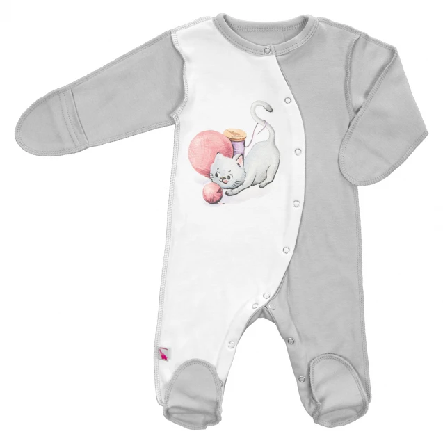 Illustrated Cotton Newborn Sleepsuit – Grey Kitten